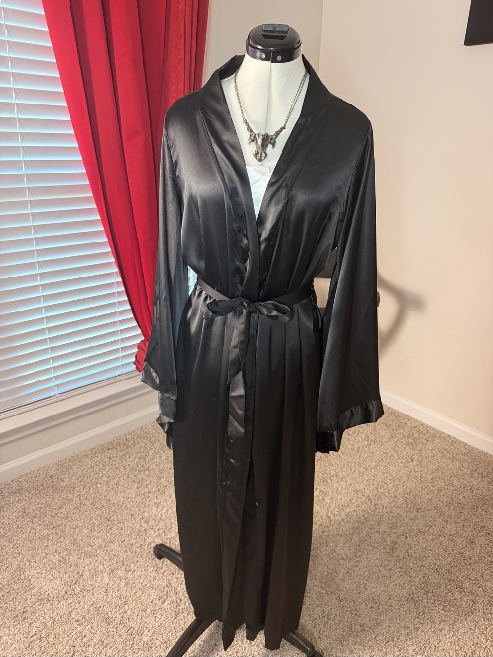 Women's Black Satin Long Robe - Classic Luxury